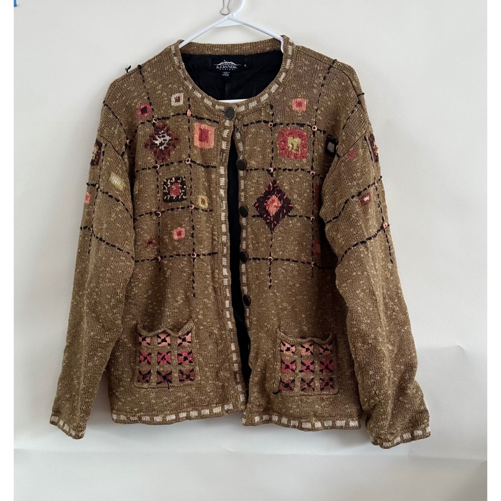 Icelandic Design Womens XL Brown Linen Blend Embroidered Cardigan Sweater Lined